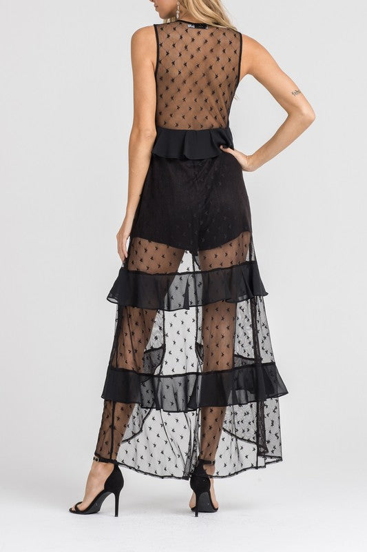 Fashion Black Lace Star Sheer Maxi Romper