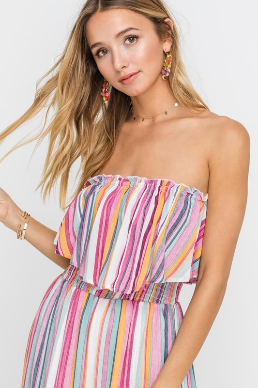 Fashion Pink Multi-Color Stripe Strapless Ruffle Jumpsuit
