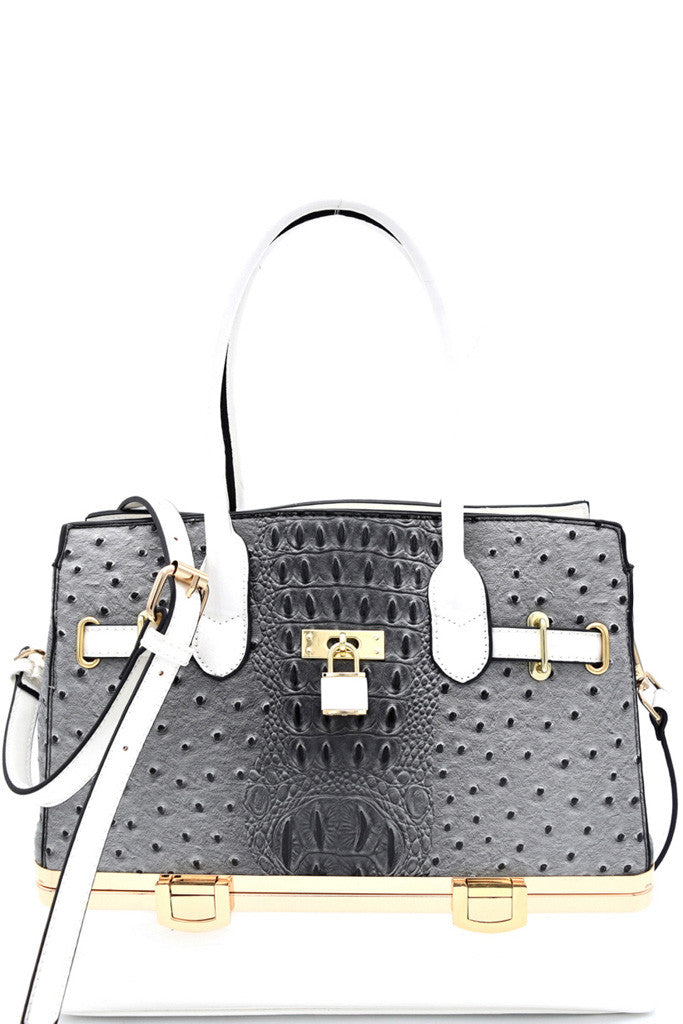 Elegant Grey Ostrich Print Padlock Satchel with Bottom Compartment