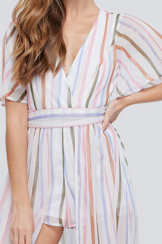 Elegant Off White Multi-Color Striped with Gold Detailed Maxi Romper