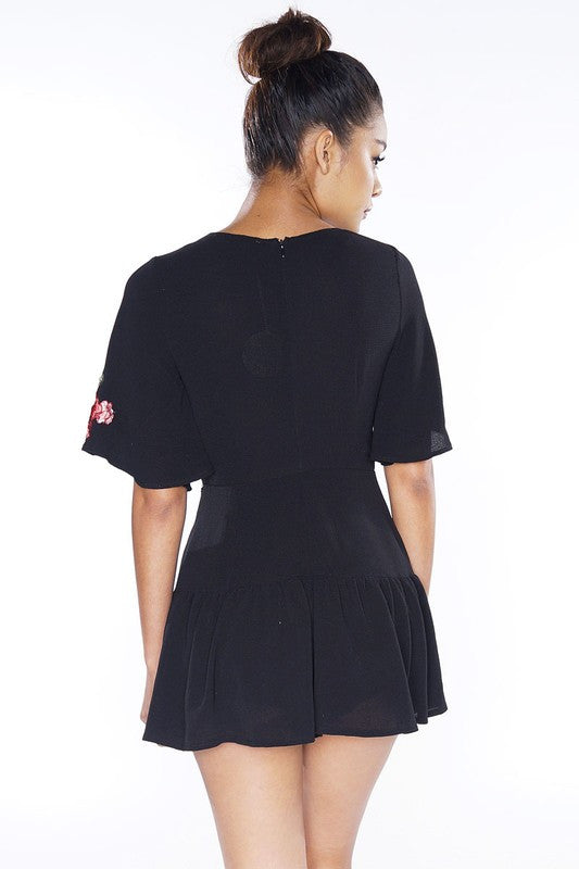 Fashion Rose Embroidery Black Ruffle Romper