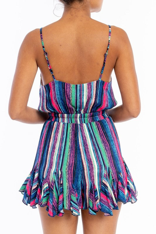 Fashion Strap Ruffle Blue Multi-Color Striped Romper