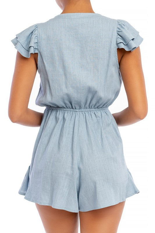 Fashion Summer Blue Deep V-Neck Tie-Up Ruffle Romper