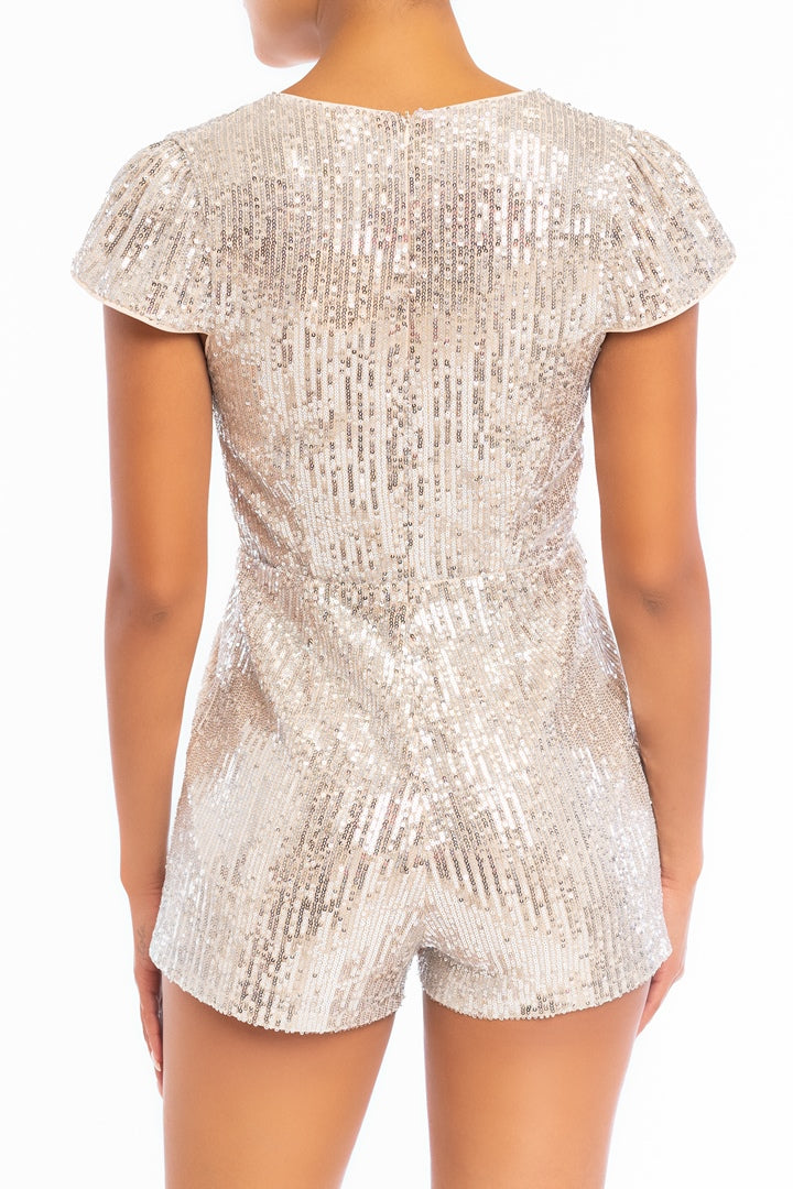 Elegant Nude Silver Sequence V-Neck Romper