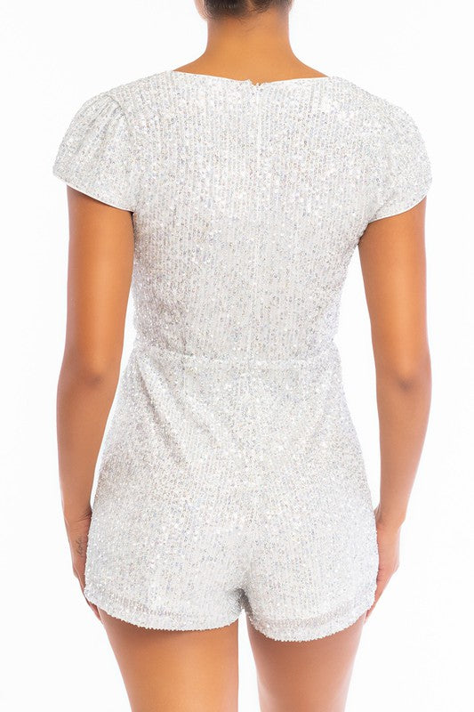 Elegant White Silver Sequence V-Neck Romper