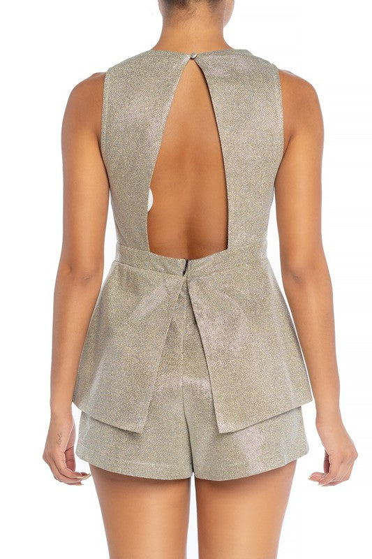 Elegant Deep V-Neck Cut Out Open Back Silver Glitter Romper