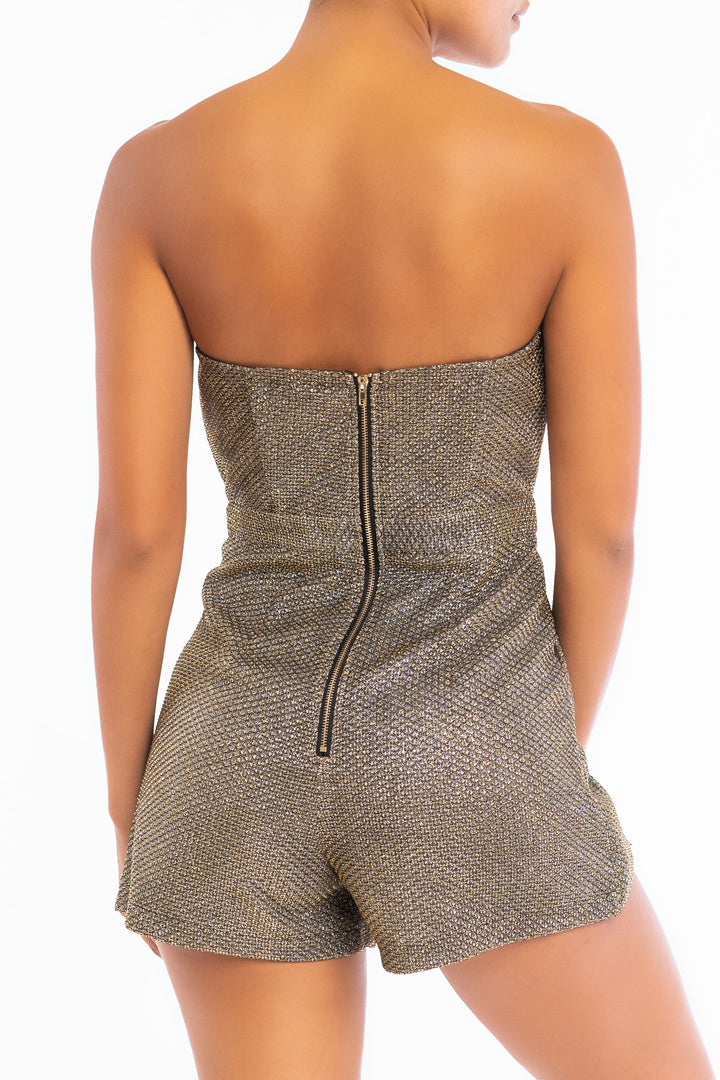 Elegant Strapless Black Gold Glitter Detailed Texture Layered Romper