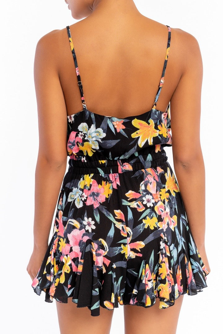 Fashion Strap Ruffle Black Floral Multi-Color Print Romper
