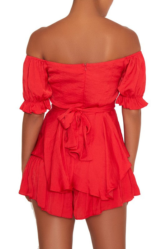 Elegant Off Shoulder Red Tie-Up Ruffle Romper