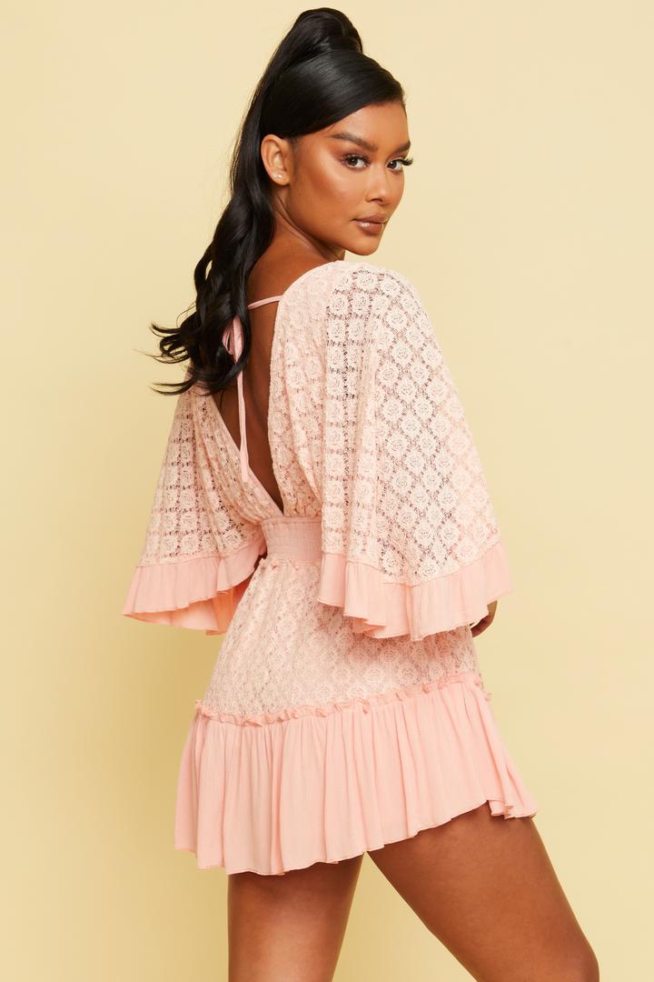 Fashion Pink Lace Detailed Back Tie-Up Romper with Bell Sleeve