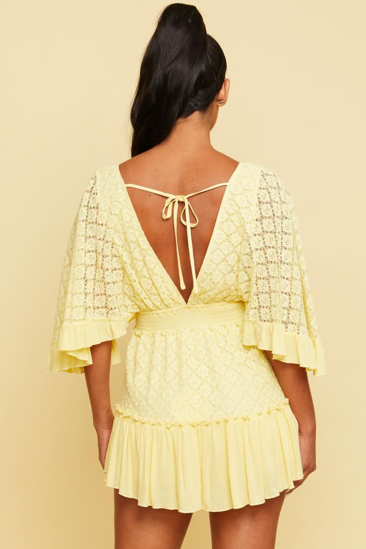 Fashion Yellow Lace Detailed Back Tie-Up Romper with Bell Sleeve