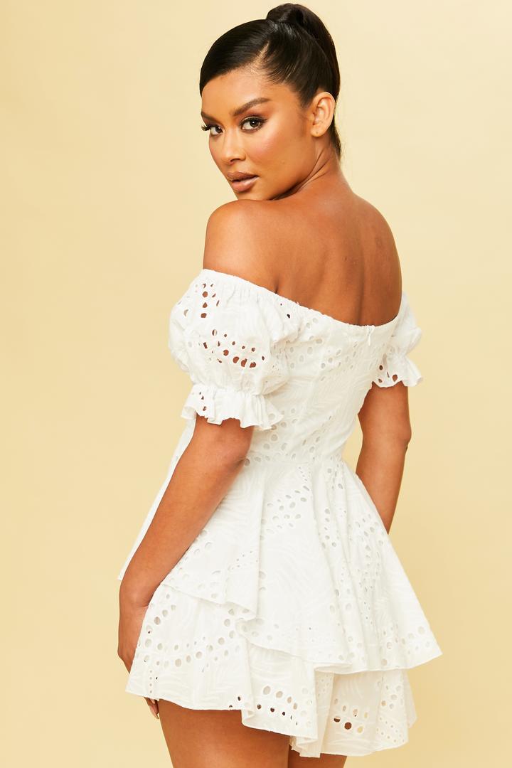 Fashion Off Shoulder White Lace Eyelet Ruffle Romper