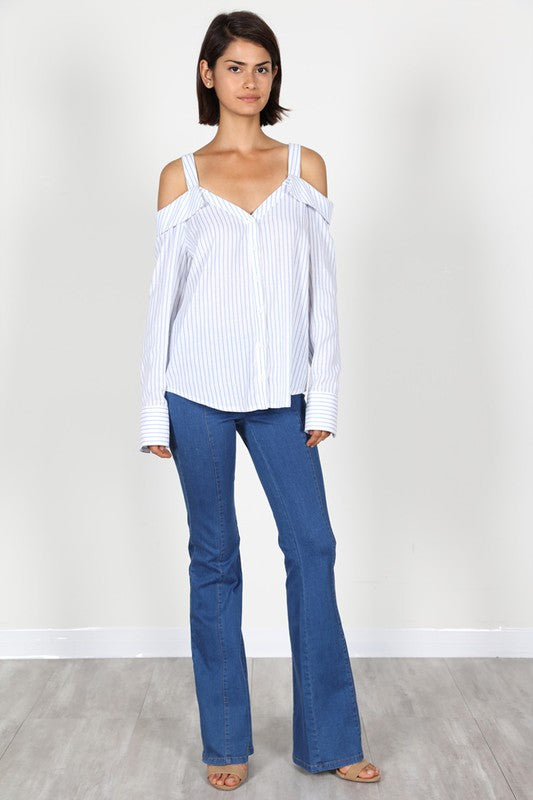 Fashion Off Shoulder Marine Stripe Button Down Top
