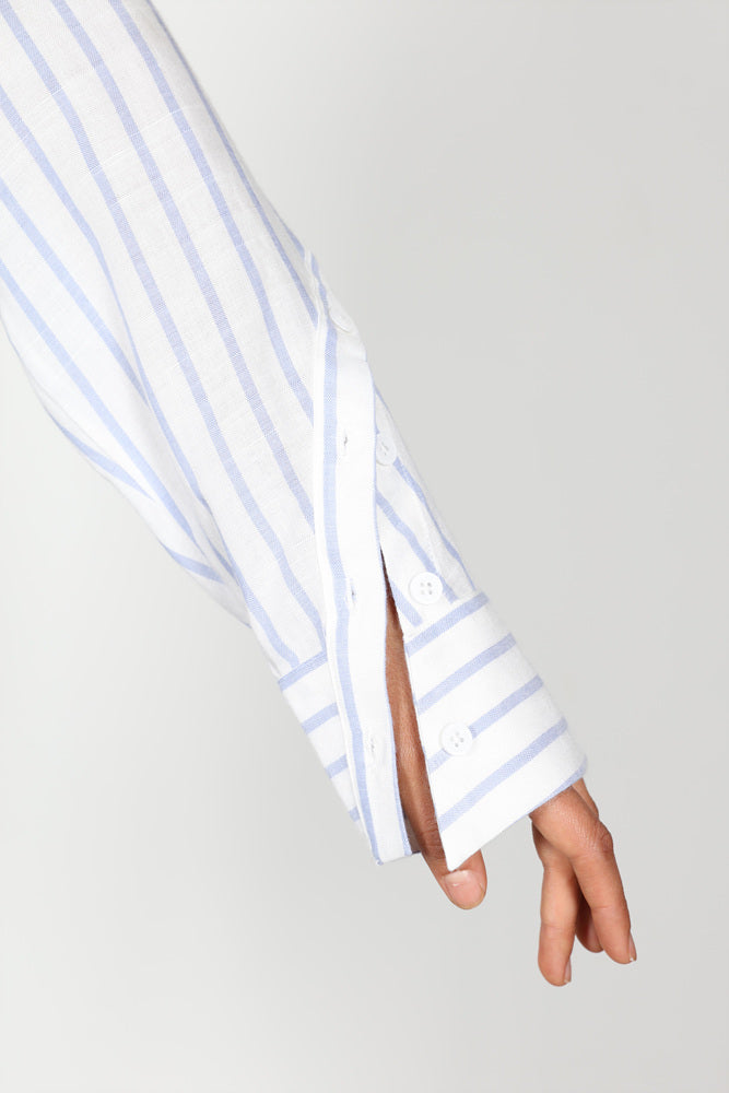 Fashion Casual Crossed Button Detail Sleeve Blue Striped Shirt
