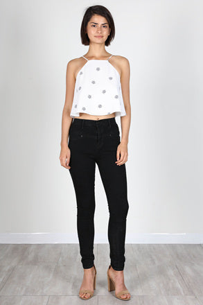 Summer Blue Floral Print White Strap Top