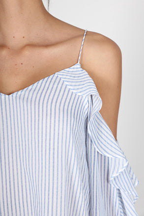 Fashion Strap Marine Stripe Ruffle Sleeve Top