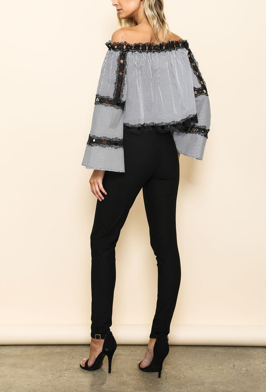 Elegant Off Shoulder Lace Striped Top