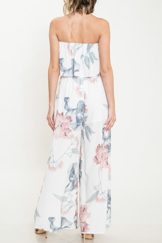 Elegant Strapless Ruffle White Floral Print Top