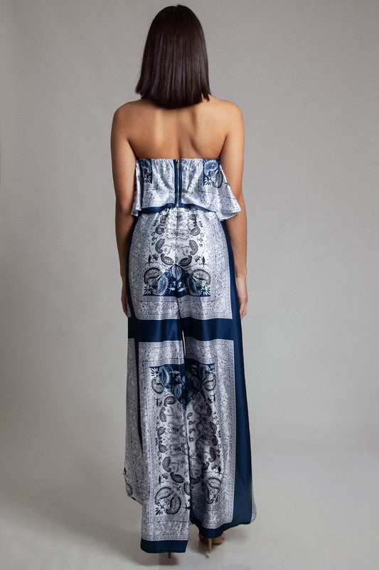 Elegant Strapless Blue Ethnic Print Ruffle Top