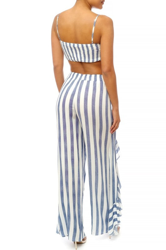 Fashion Summer Blue Marine Tie-Up Ruffle Pants