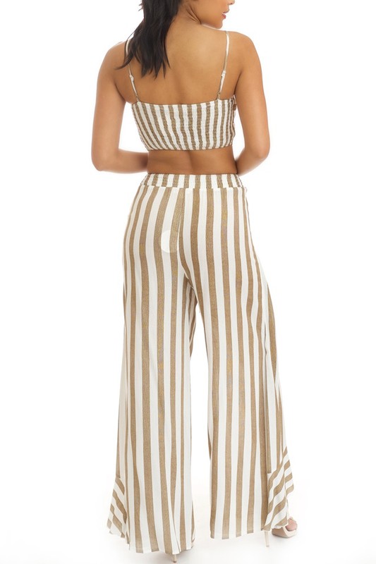 Fashion Summer Beige Marine Tie-Up Ruffle Pants