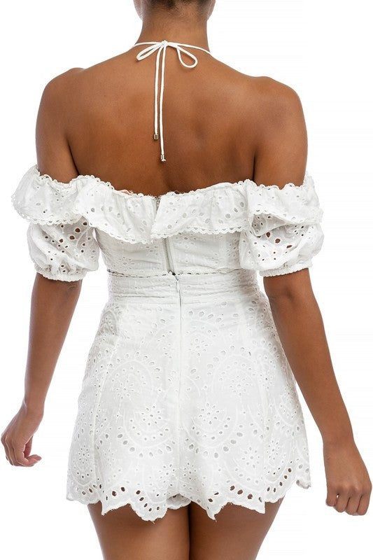 Fashion High Waisted White Lace Eyelet Ruffle Shorts