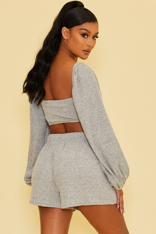 Fashion Grey Ribbed Textured Front Tie-Up Casual Crop Top with Bell Sleeve