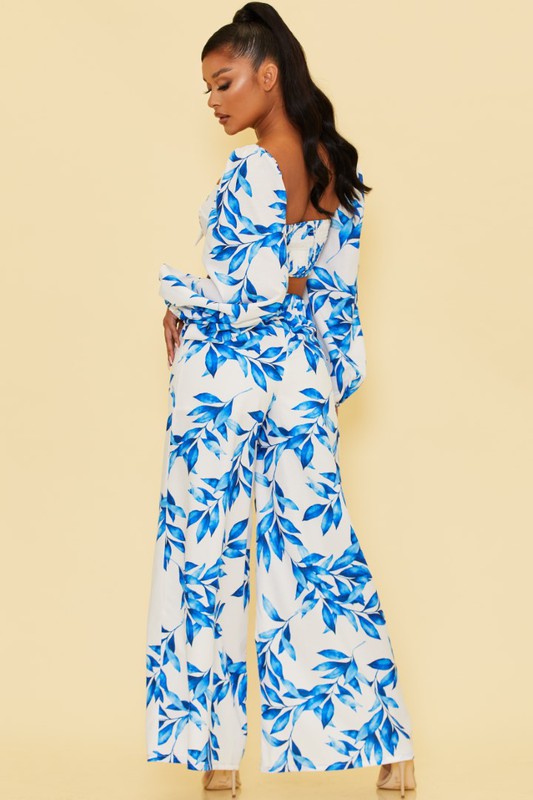 Elegant White Blue Floral Print Front Tie-Up Crop Top with Bell Sleeve