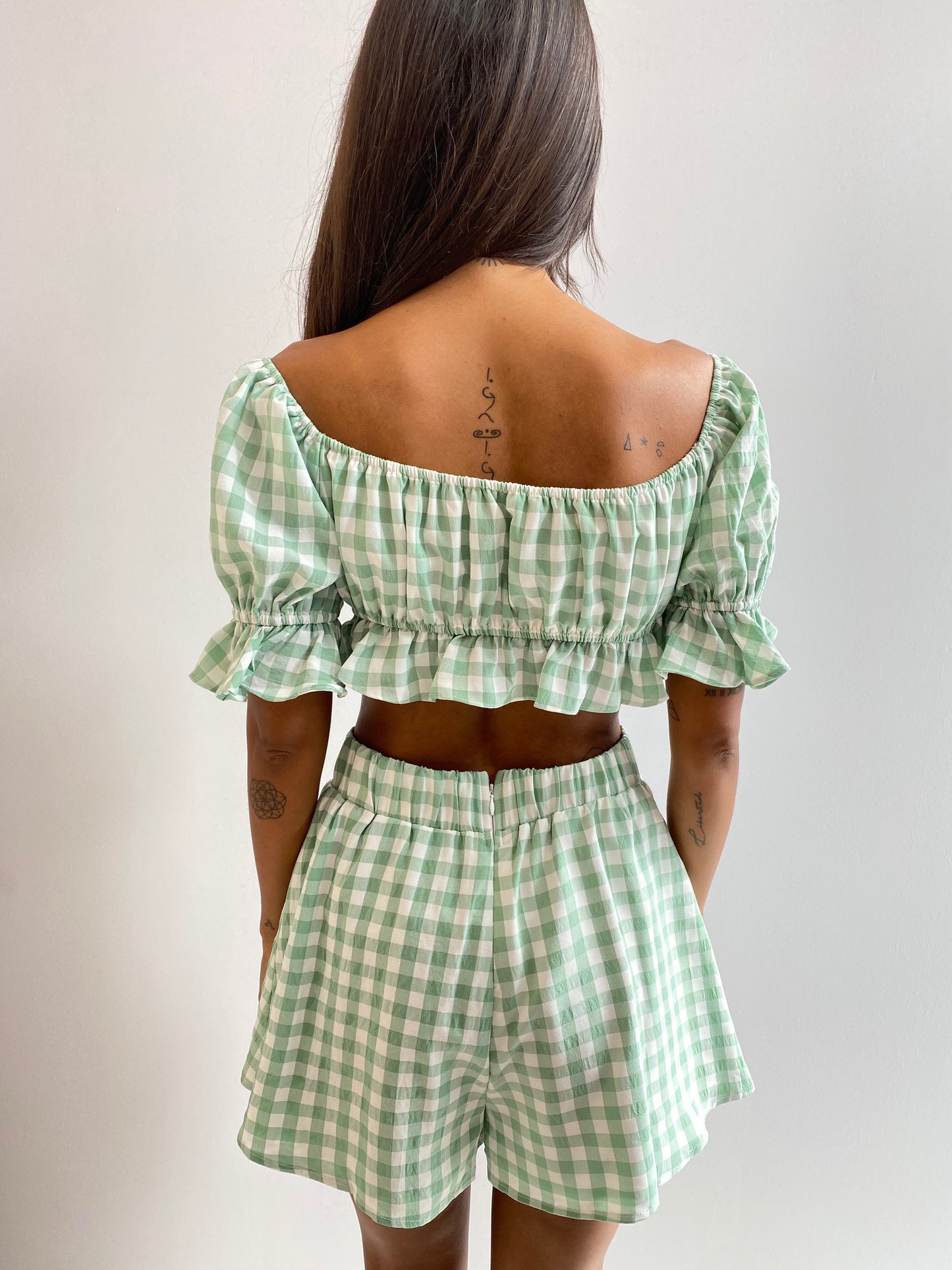 Fashion Pistachio White Checkered Print High Waisted Shorts
