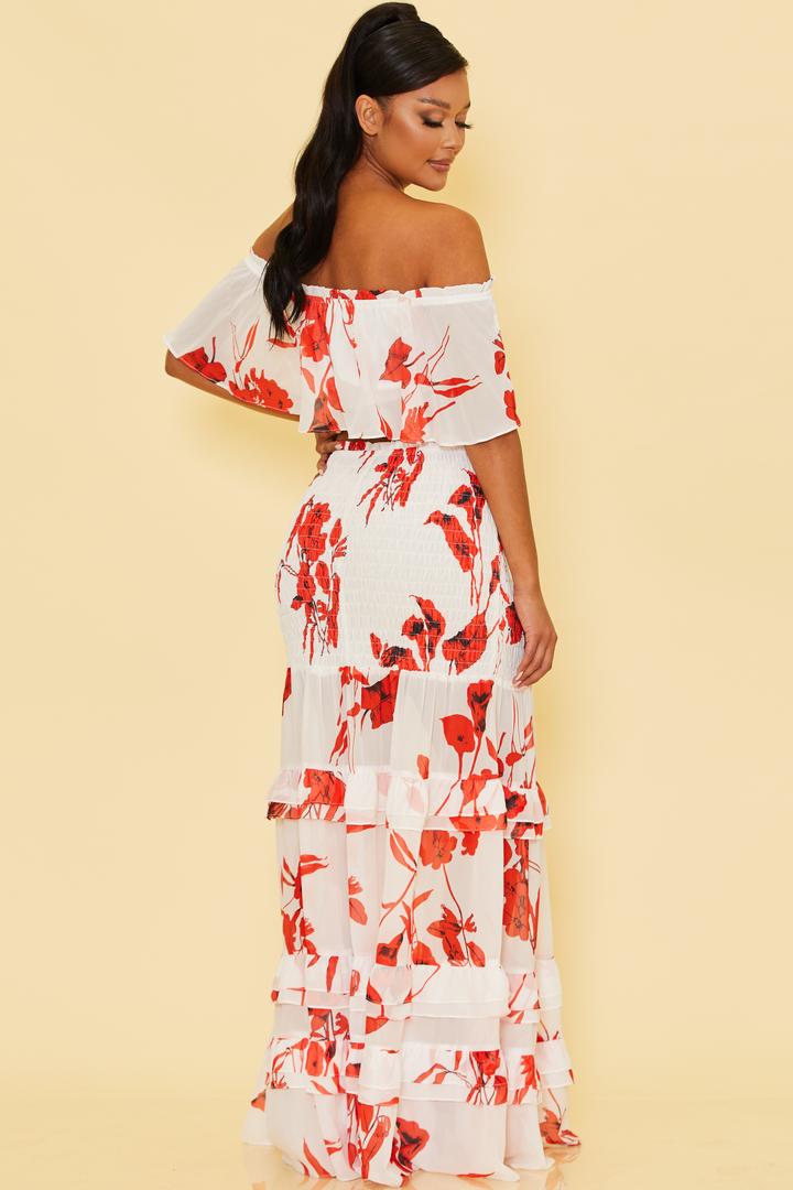 Fashion White Red Floral Print High Waisted Elastic Ruffle Maxi Skirt