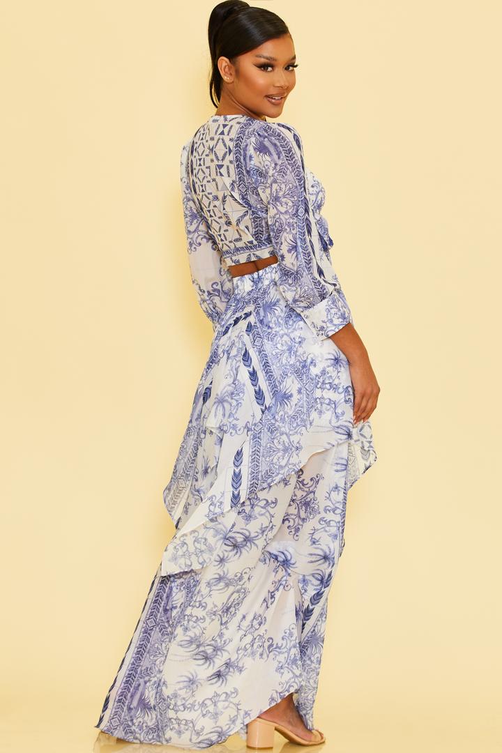 Fashion White Blue Floral Print Front Tie-Up Crop Top with Long Sleeve