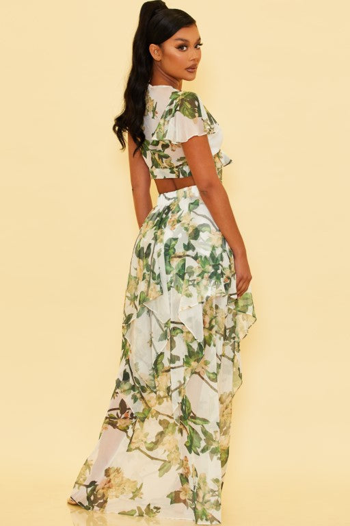Elegant White Multi-Color Floral Print High Waisted Layered Ruffle Maxi Skirt