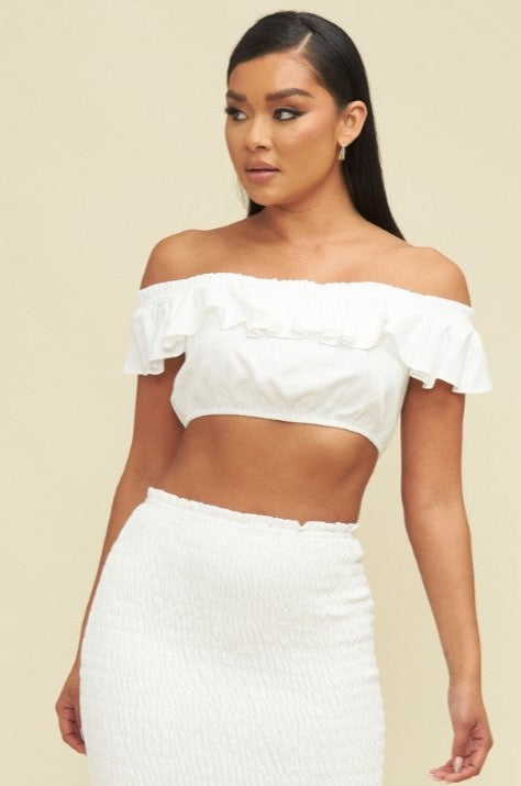White off the shoulder flounce top Clearance