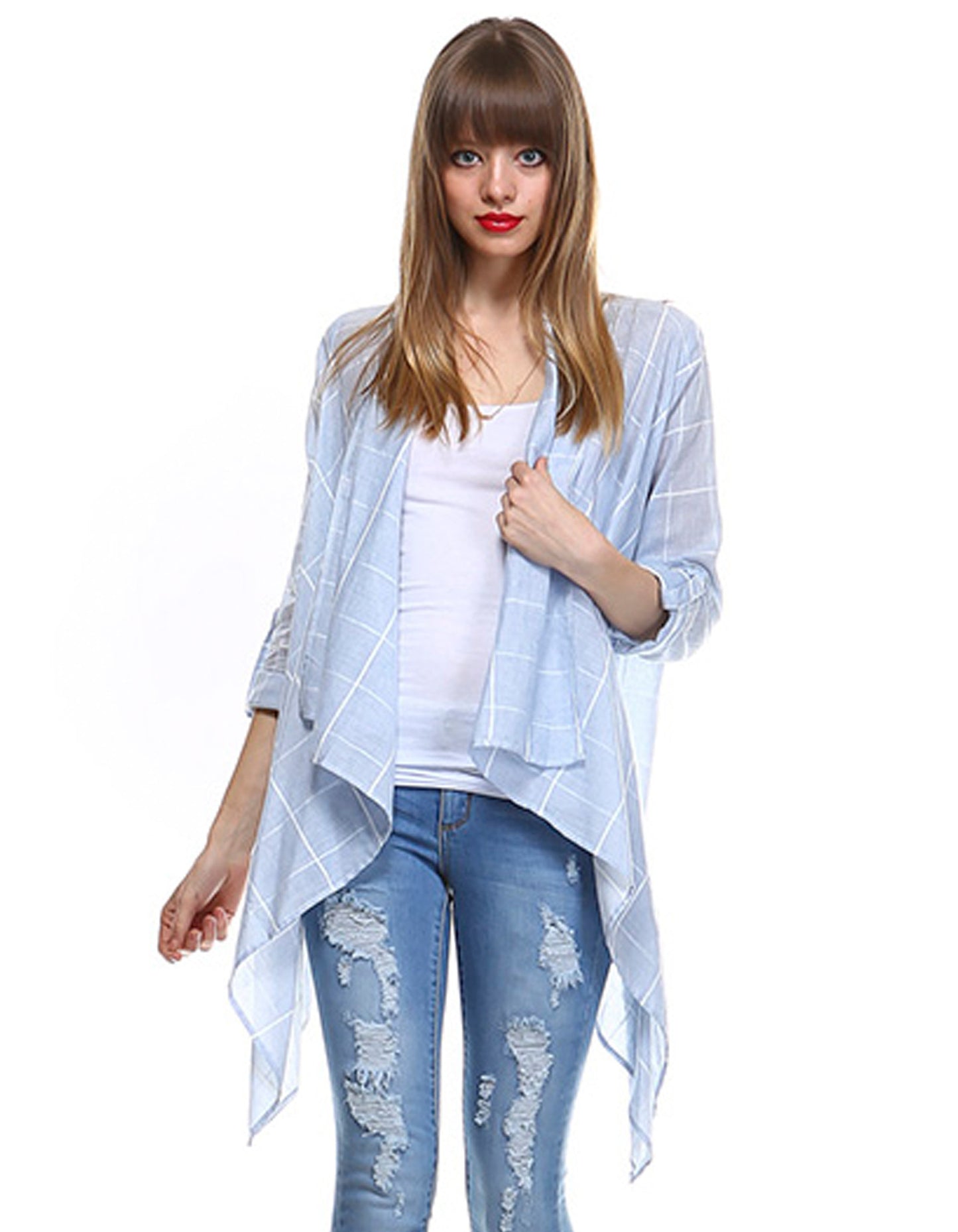 Light Blue Roll Up Sleeves Checkered Cardigan