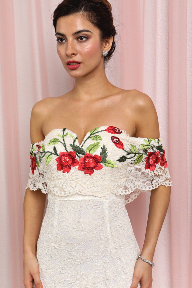 Elegant Ivory Off Shoulder Gown with Roses Embroidery Lace Detailed