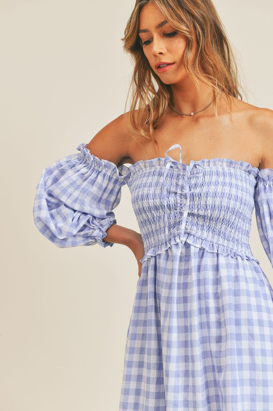 Fashion Off Shoulder Blue Checkered Ruffle Elastic Midi Dress with Bell Sleeve
