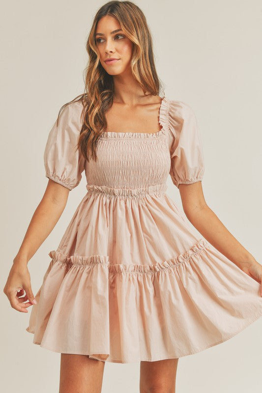 smocked ruffle dress Fashion Blush Smocked Ruffle Elastic Dress L / Blush