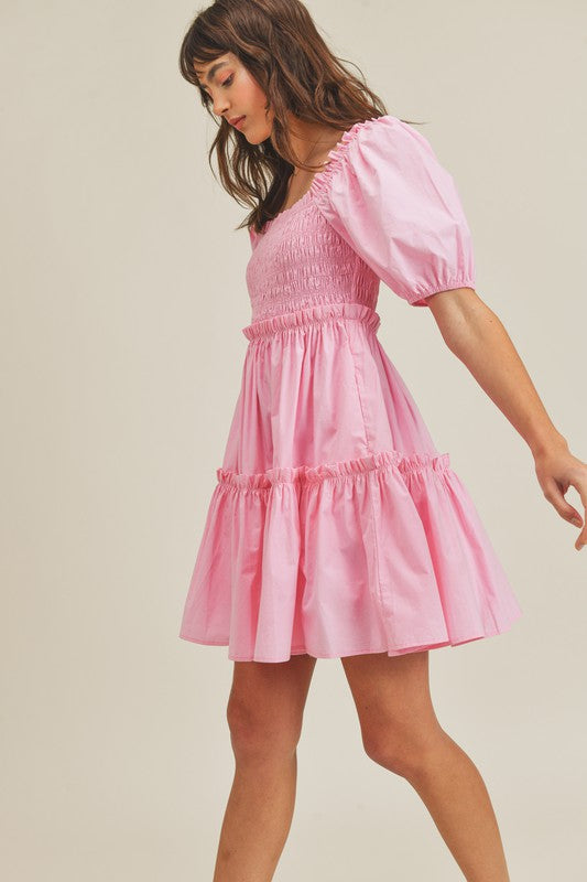 Fashion Candy Pink Smocked Ruffle Elastic Dress