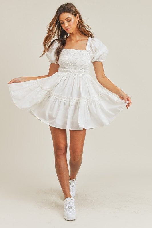 Fashion White Smocked Ruffle Elastic Dress