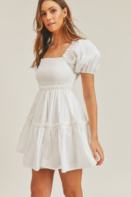 Fashion White Smocked Ruffle Elastic Dress