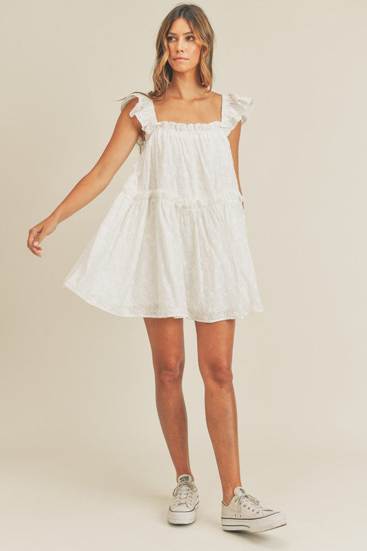 Fashion Summer Strap White Ruffle Floral Embroidery Mini Dress
