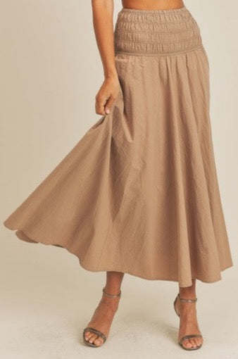 Fashion Mocha High Waisted Smocked Ruffle Midi Skirt