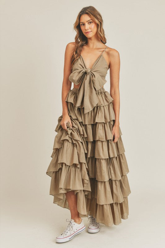 Fashion Olive High Waisted Multi-Ruffle Maxi Skirt