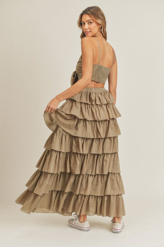 Fashion Olive Strap Front Bow Tie-Up Crop Top