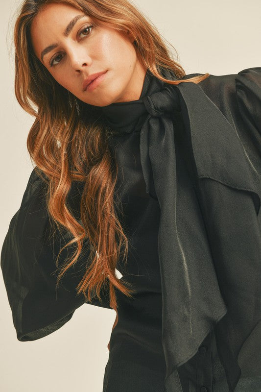 Elegant Black Bow Tie-Up Blouse with Bell Sleeve