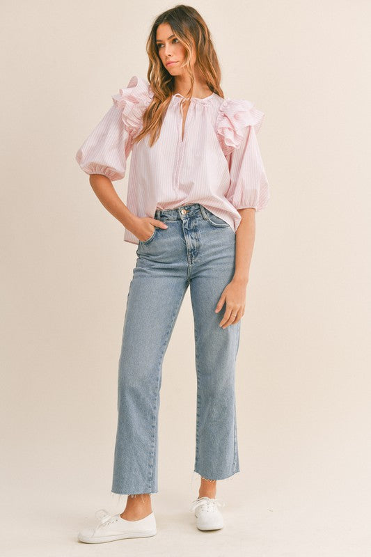 Elegant Pink Marine Front Tie-Up Blouse with Ruffle Puffy Sleeve