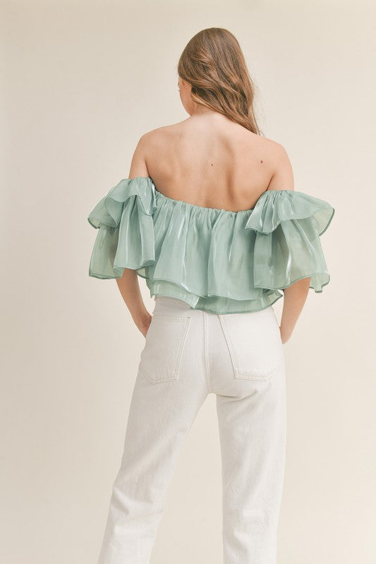 Elegant Off Shoulder Dusty Blue Satin Ruffle Crop Top