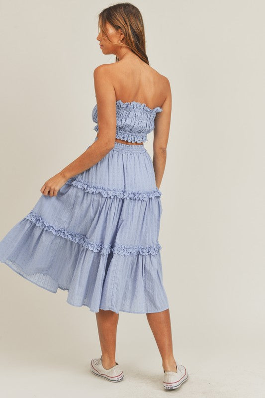 Fashion Blue High Waisted Detailed Textured Ruffle Midi Skirt