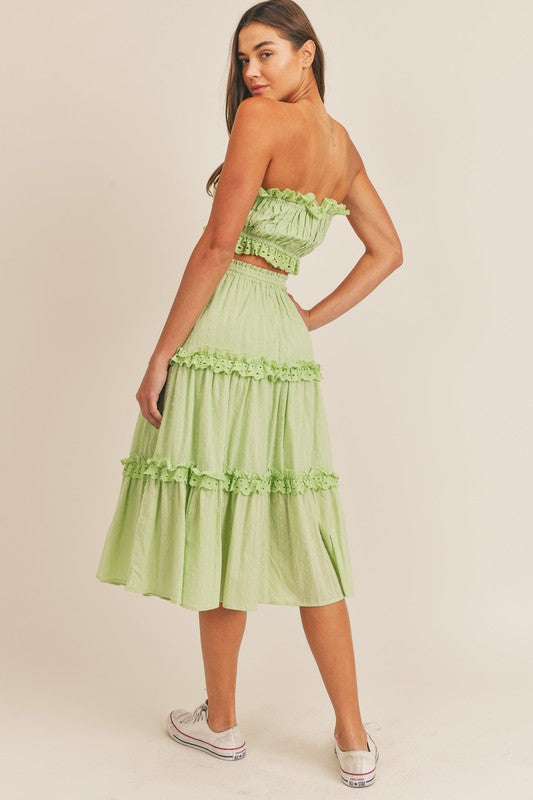 Fashion Lime High Waisted Detailed Textured Ruffle Midi Skirt