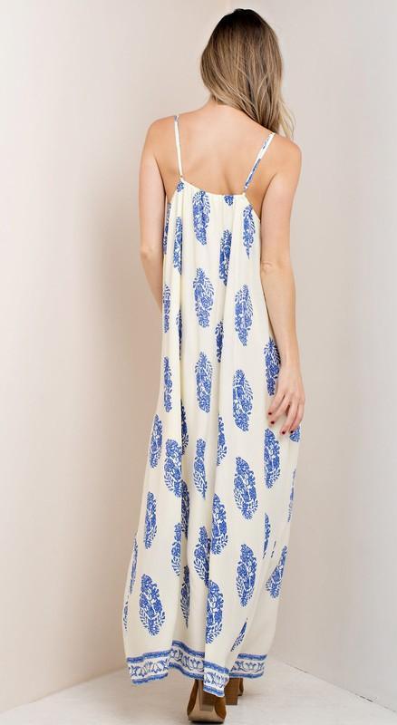 Casual Strap Ivory Maxi Dress with Blue Print